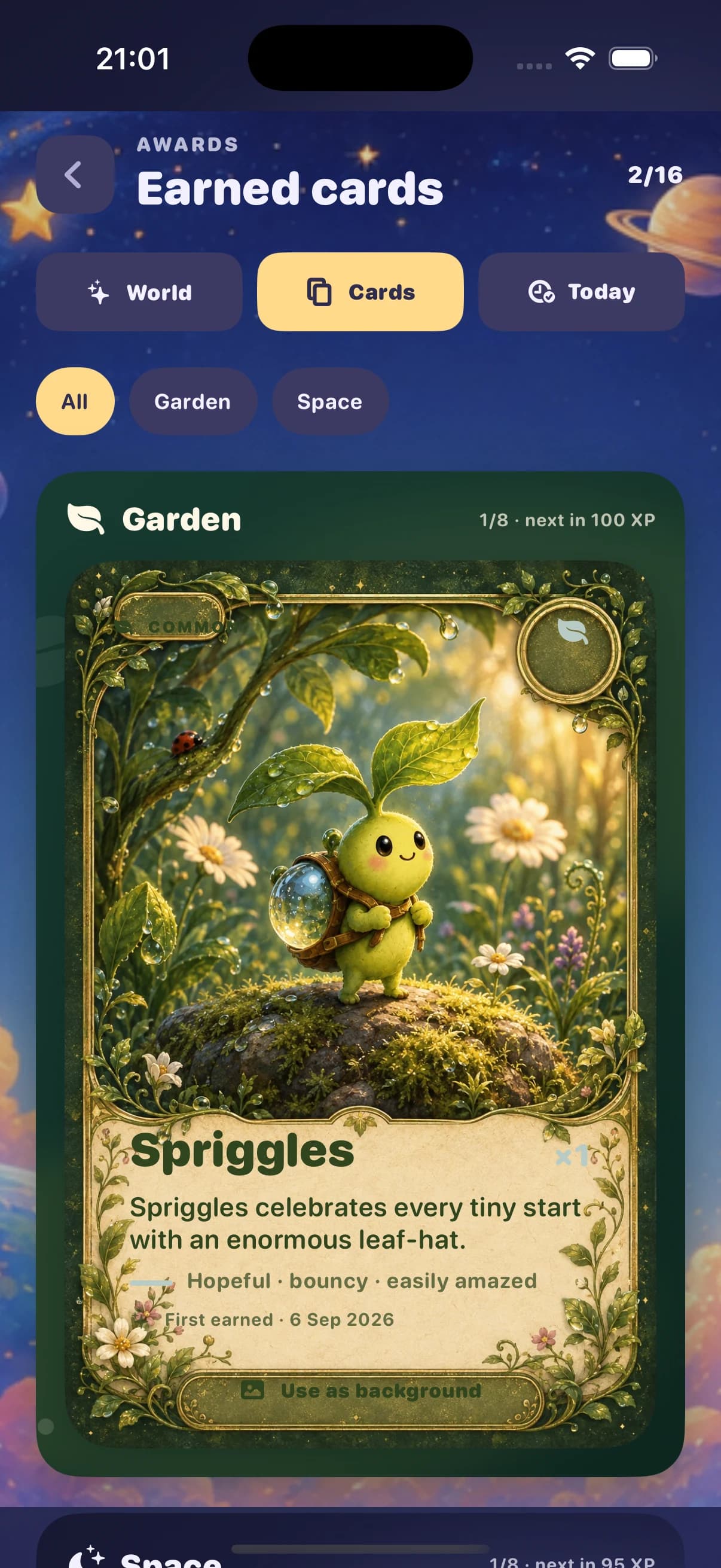Grooly earned Cards view with illustrated collectible award cards.