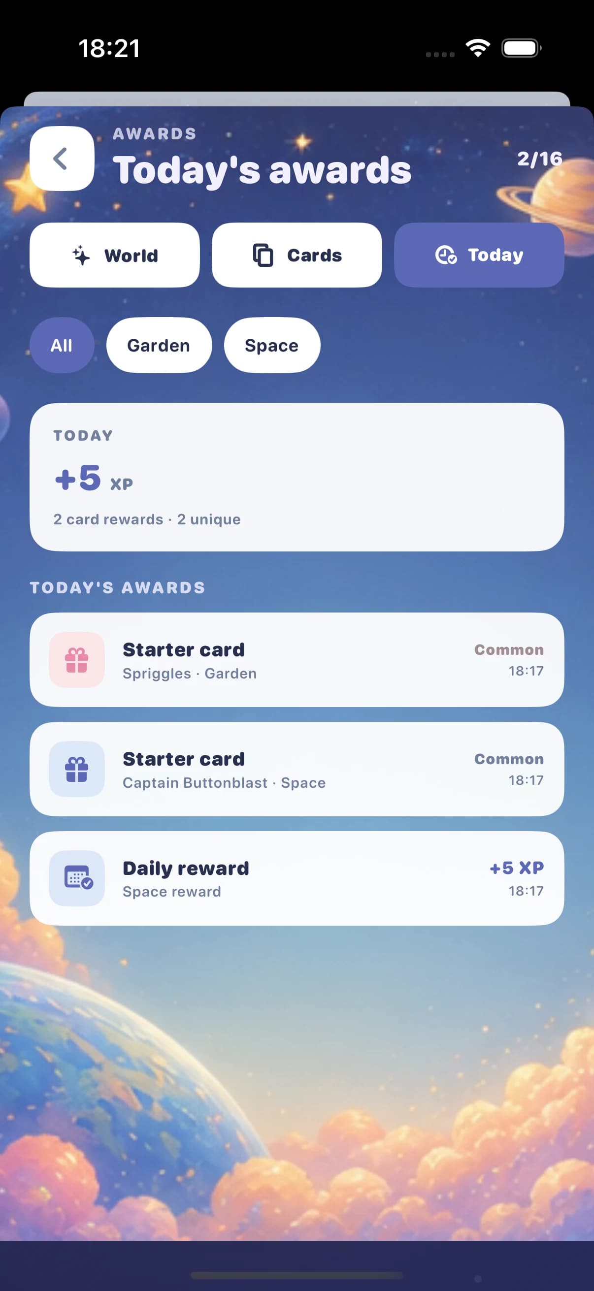 Grooly Today view listing awards earned during the current day.