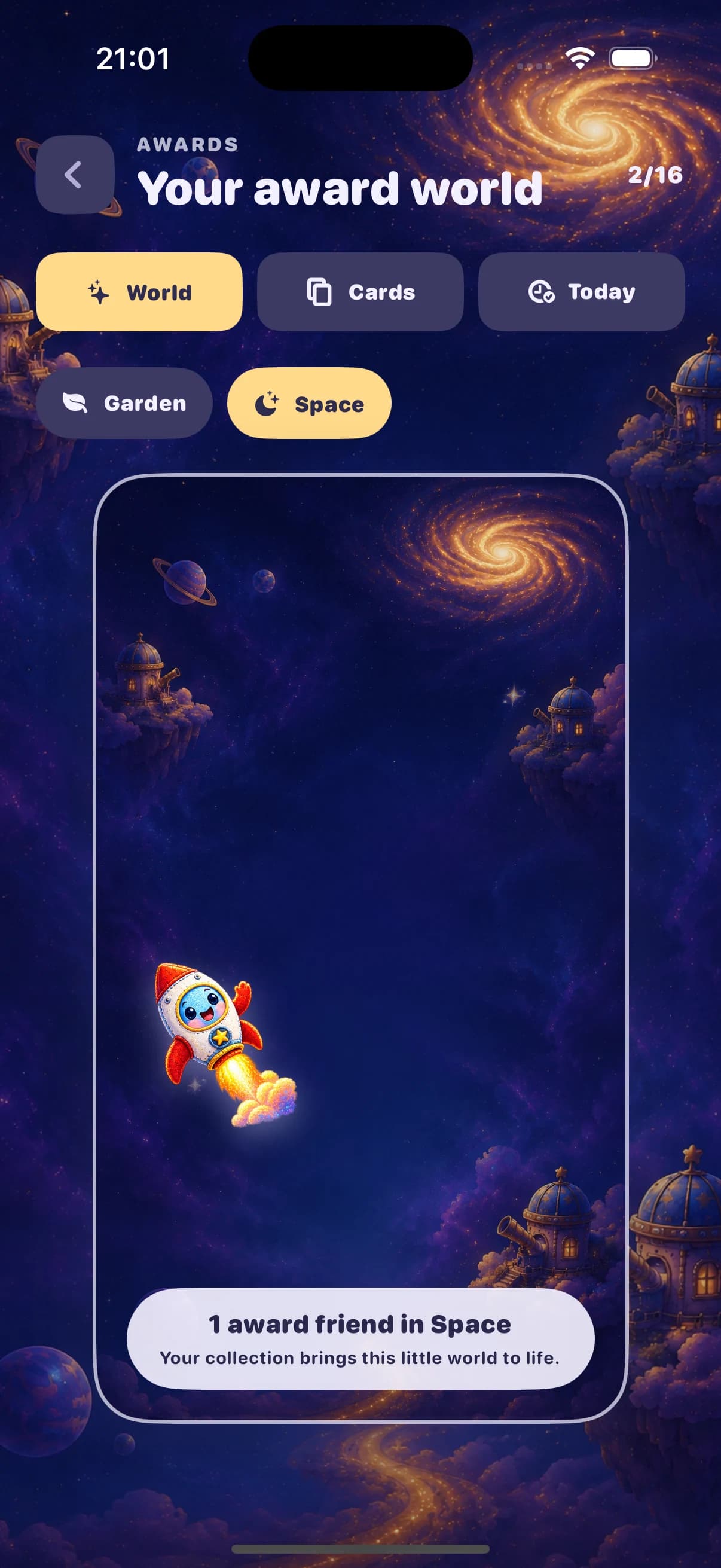 Grooly Awards World in the Space theme, showing an award character composed over a calm portrait space backdrop.