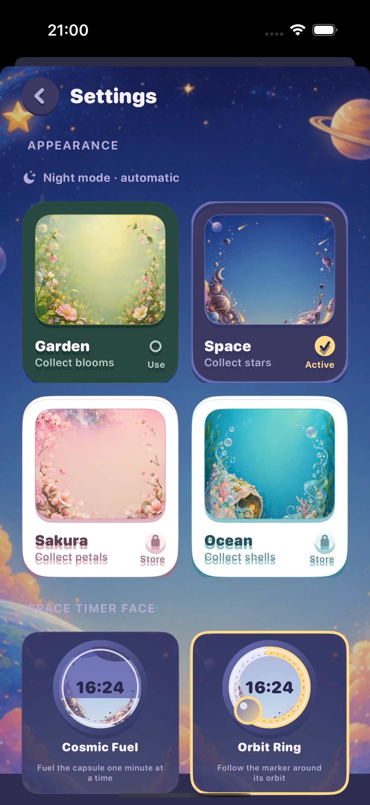 Grooly theme settings with Garden, Space, Sakura, and Ocean choices.