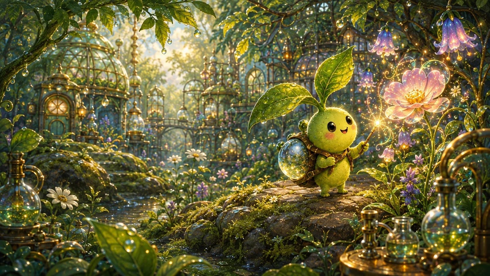 Grooly Garden world with glowing plants and an illustrated companion